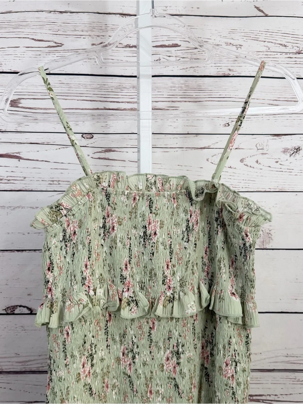 MABLE Light Green Pink Floral Print Smocked Midi Stretchy Tube Dress Size Small - Picture 11 of 11